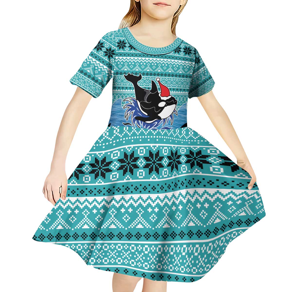 Love Oracle Whale Christmas Kid Short Sleeve Dress Xmas Holiday Patterns - Wonder Print Shop