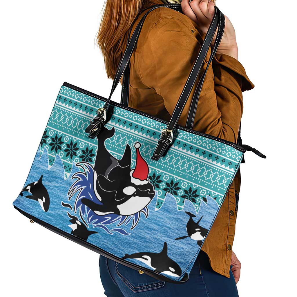Love Oracle Whale Christmas Leather Tote Bag Xmas Holiday Patterns - Wonder Print Shop
