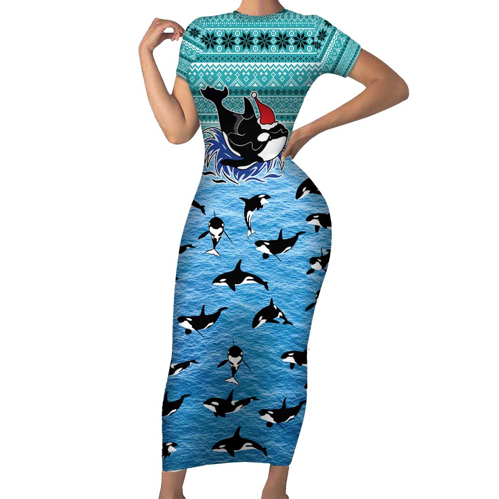 Love Oracle Whale Christmas Short Sleeve Bodycon Dress Xmas Holiday Patterns - Wonder Print Shop