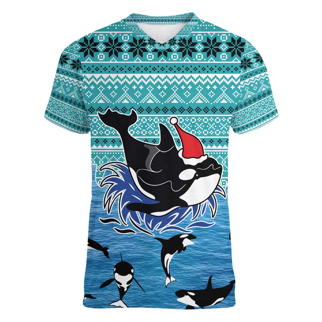 Love Oracle Whale Christmas Women V-Neck T-Shirt Xmas Holiday Patterns - Wonder Print Shop