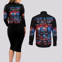 I Have 3 Sides 3 Skulls Couples Matching Long Sleeve Bodycon Dress and Long Sleeve Button Shirt - Wonder Print Shop