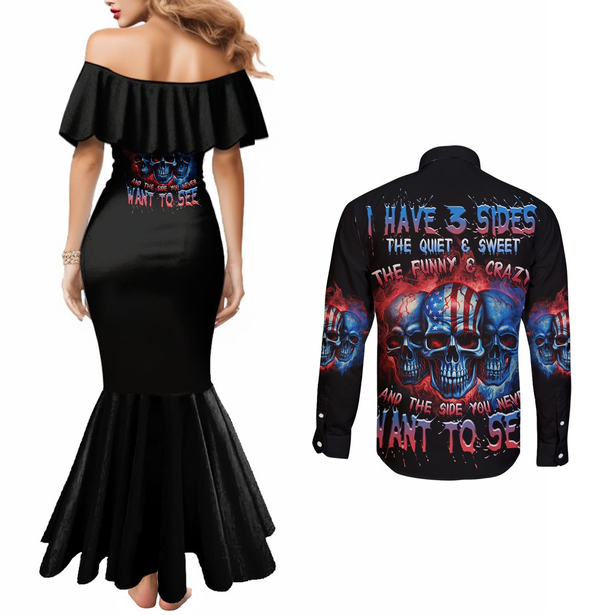 i-have-3-sides-3-skulls-couples-matching-mermaid-dress-and-long-sleeve-button-shirt