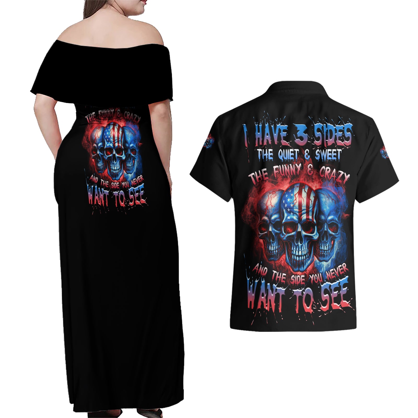 I Have 3 Sides 3 Skulls Couples Matching Off Shoulder Maxi Dress and Hawaiian Shirt - Wonder Print Shop