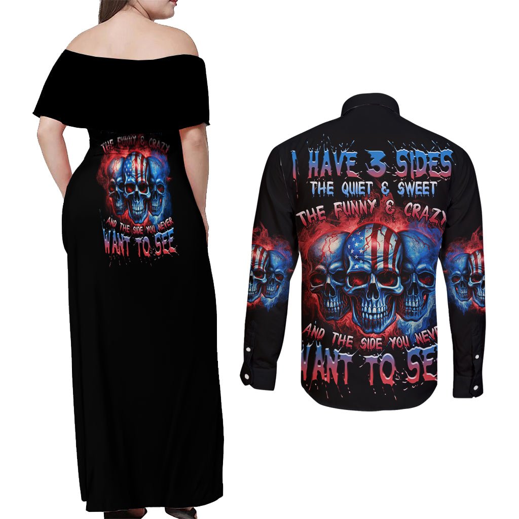 I Have 3 Sides 3 Skulls Couples Matching Off Shoulder Maxi Dress and Long Sleeve Button Shirt - Wonder Print Shop