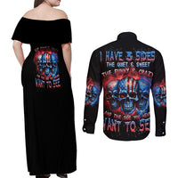 I Have 3 Sides 3 Skulls Couples Matching Off Shoulder Maxi Dress and Long Sleeve Button Shirt - Wonder Print Shop
