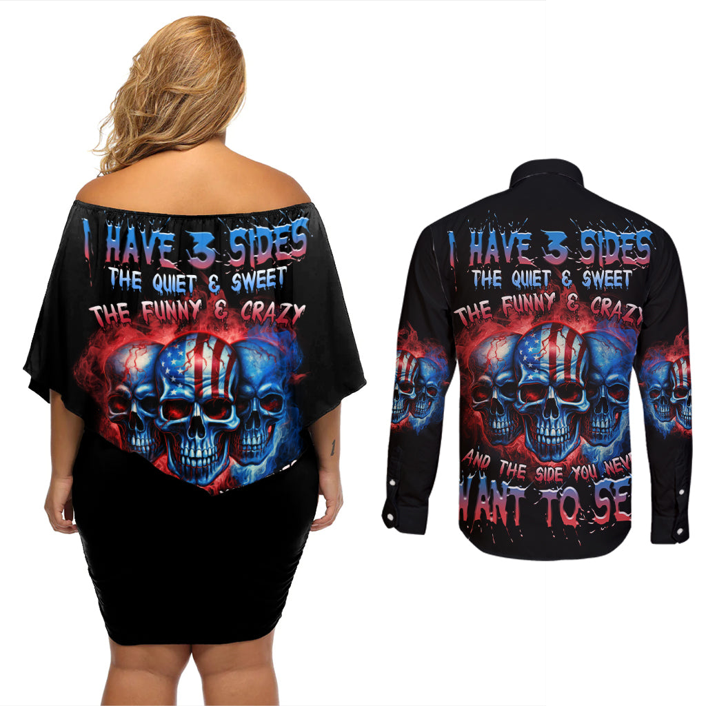 I Have 3 Sides 3 Skulls Couples Matching Off Shoulder Short Dress and Long Sleeve Button Shirt - Wonder Print Shop