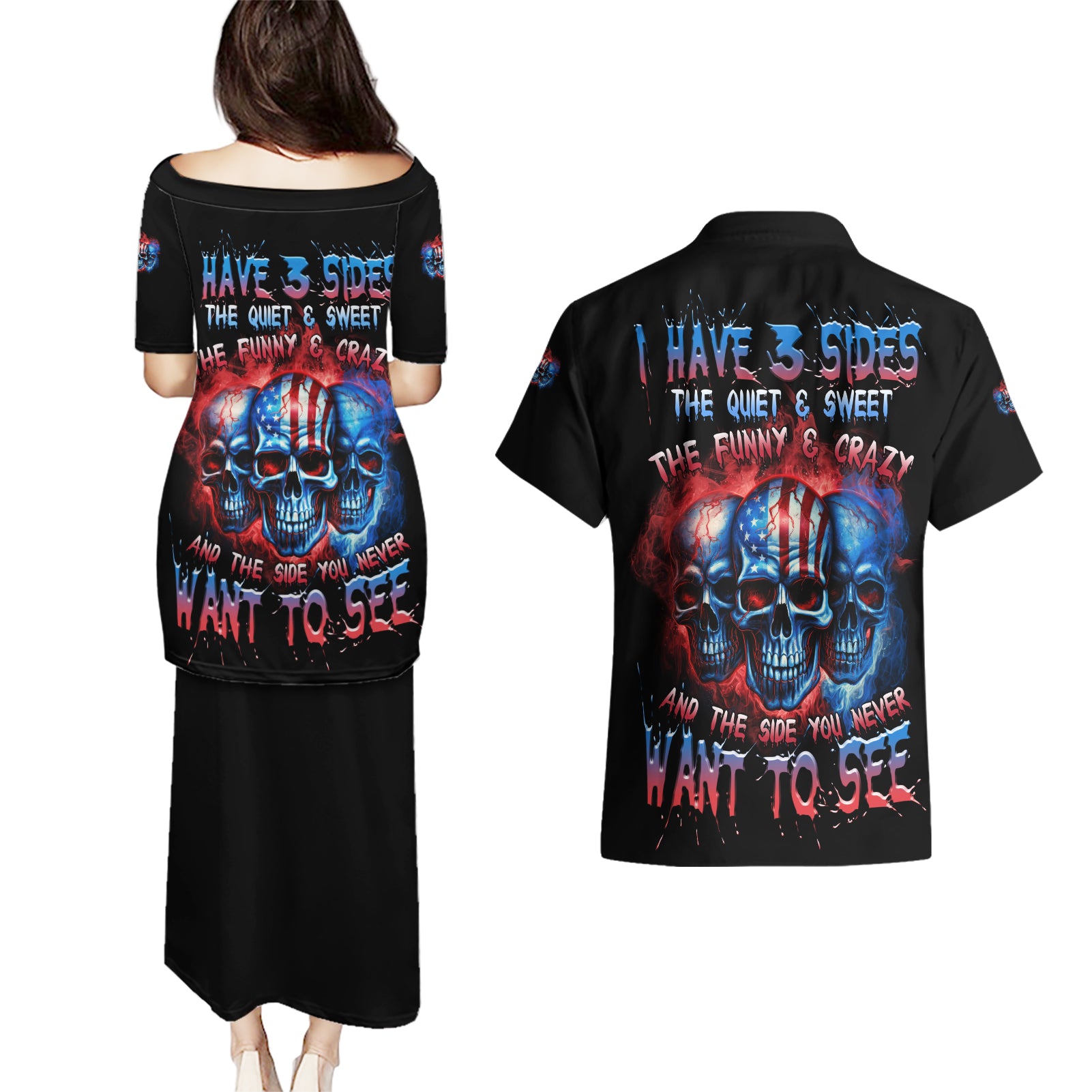 I Have 3 Sides 3 Skulls Couples Matching Puletasi Dress and Hawaiian Shirt - Wonder Print Shop