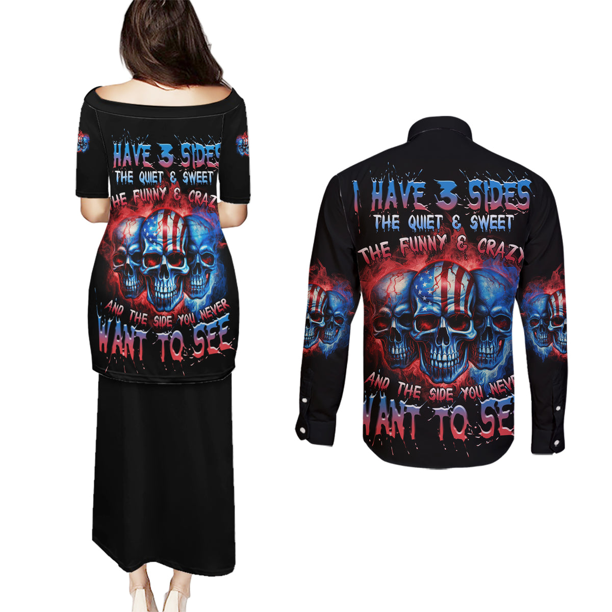 I Have 3 Sides 3 Skulls Couples Matching Puletasi Dress and Long Sleeve Button Shirt - Wonder Print Shop