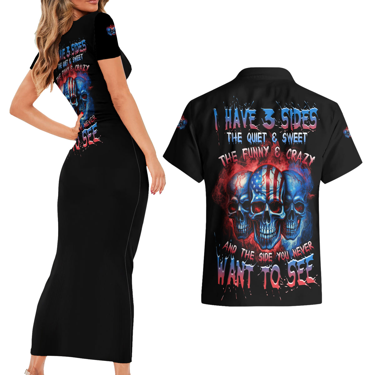 I Have 3 Sides 3 Skulls Couples Matching Short Sleeve Bodycon Dress and Hawaiian Shirt - Wonder Print Shop