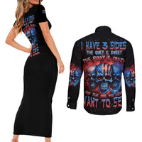 I Have 3 Sides 3 Skulls Couples Matching Short Sleeve Bodycon Dress and Long Sleeve Button Shirt - Wonder Print Shop