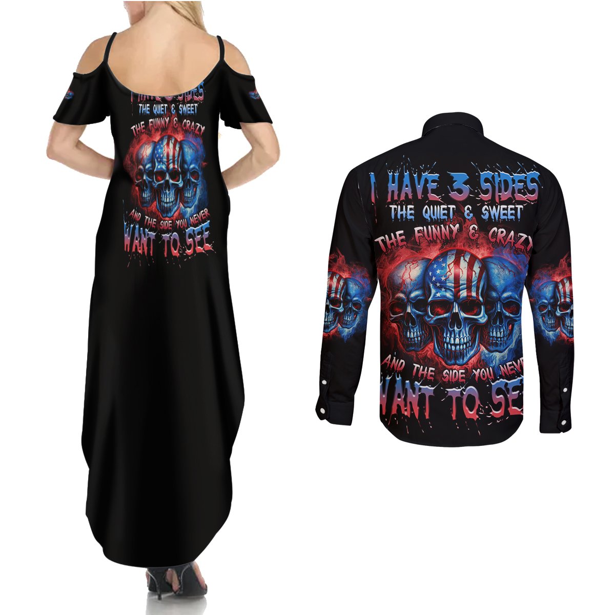 I Have 3 Sides 3 Skulls Couples Matching Summer Maxi Dress and Long Sleeve Button Shirt - Wonder Print Shop
