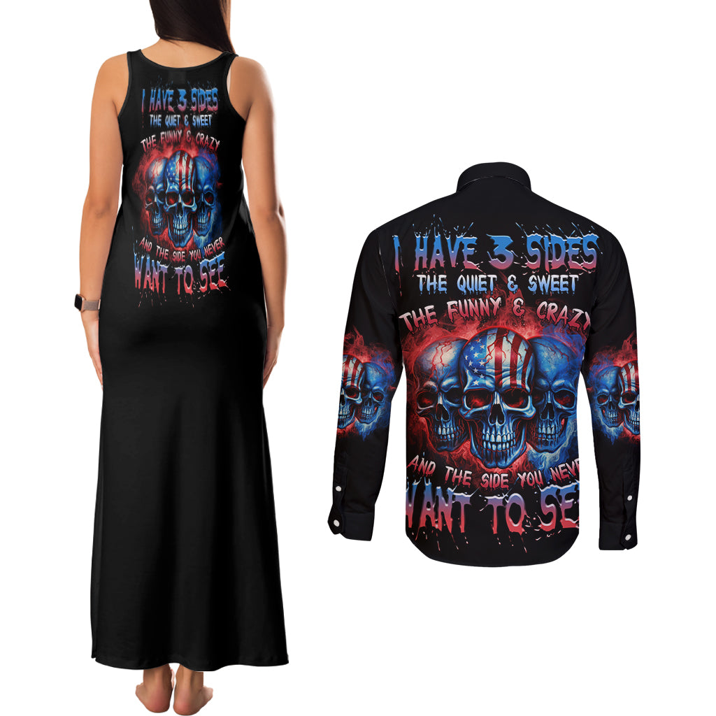 I Have 3 Sides 3 Skulls Couples Matching Tank Maxi Dress and Long Sleeve Button Shirt - Wonder Print Shop