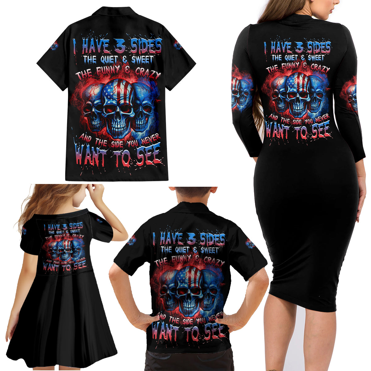 I Have 3 Sides 3 Skulls Family Matching Long Sleeve Bodycon Dress and Hawaiian Shirt - Wonder Print Shop