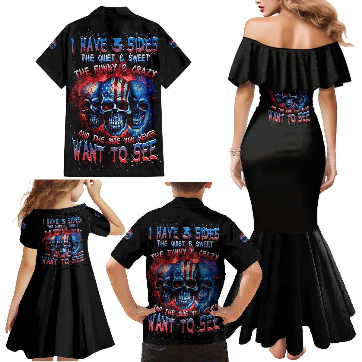 I Have 3 Sides 3 Skulls Family Matching Mermaid Dress and Hawaiian Shirt - Wonder Print Shop