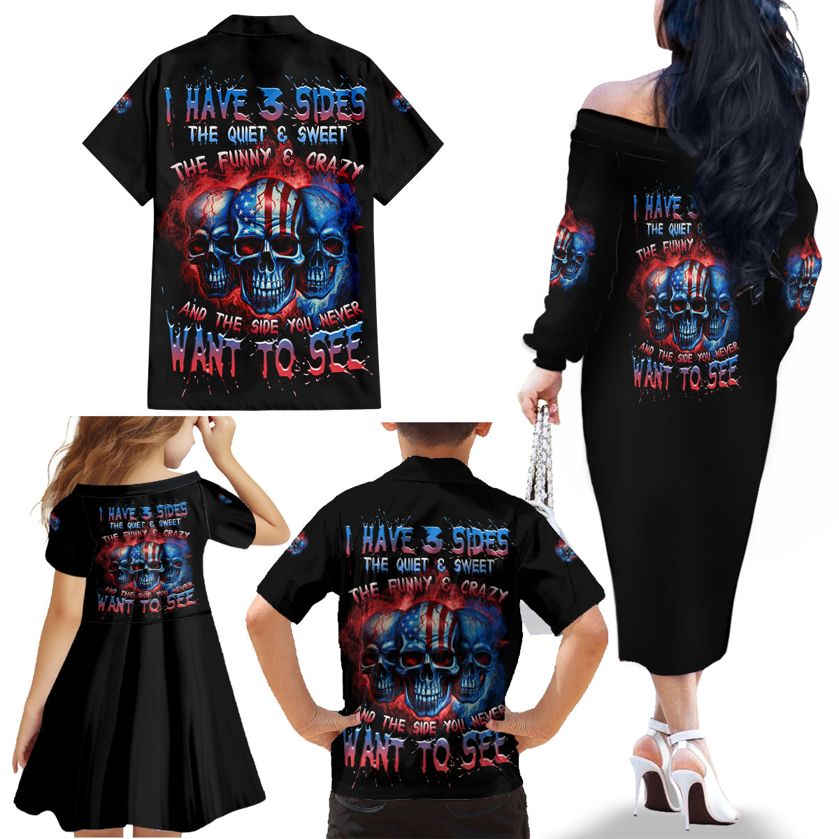 I Have 3 Sides 3 Skulls Family Matching Off Shoulder Long Sleeve Dress and Hawaiian Shirt - Wonder Print Shop