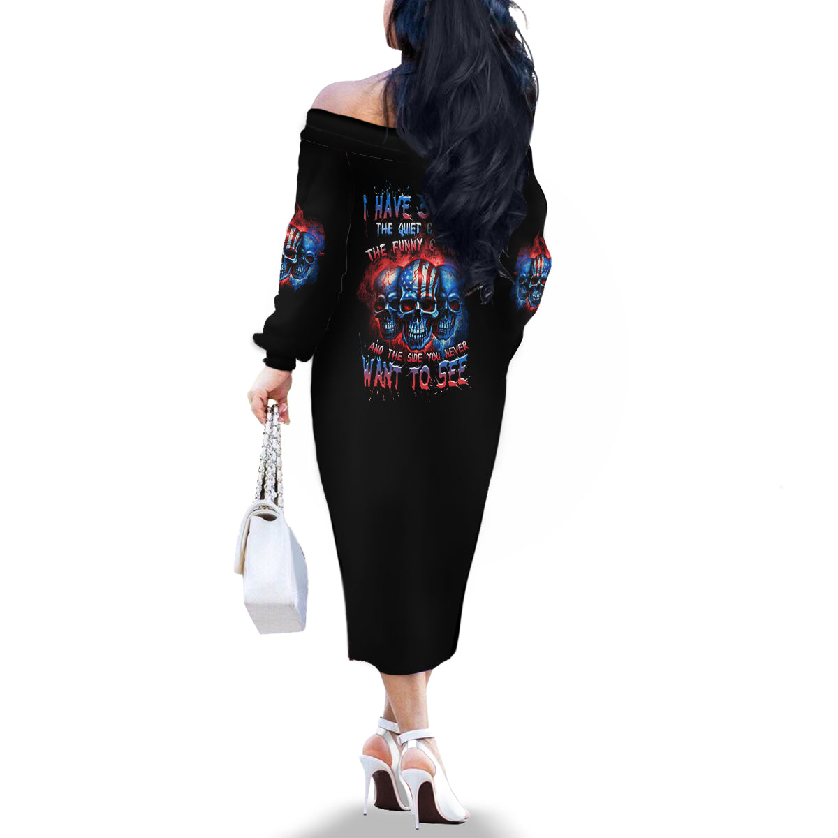 I Have 3 Sides 3 Skulls Family Matching Off Shoulder Long Sleeve Dress and Hawaiian Shirt - Wonder Print Shop