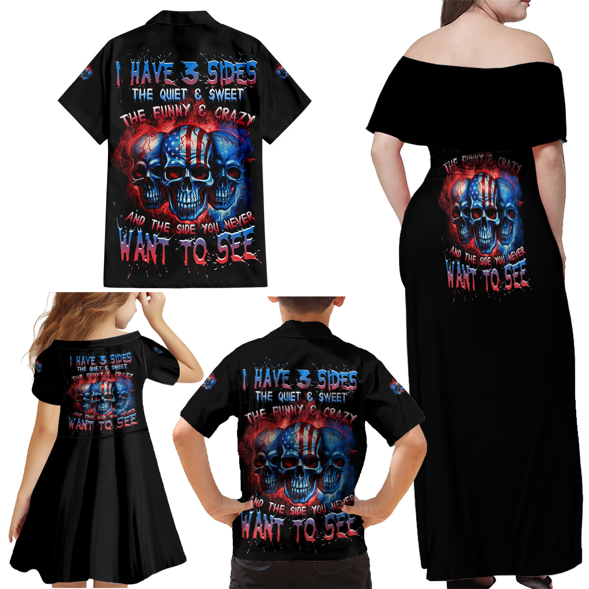 I Have 3 Sides 3 Skulls Family Matching Off Shoulder Maxi Dress and Hawaiian Shirt - Wonder Print Shop