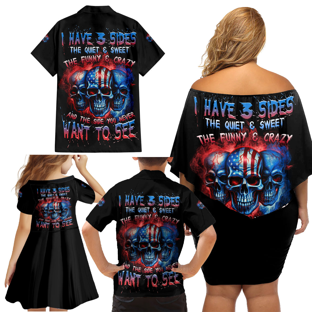 I Have 3 Sides 3 Skulls Family Matching Off Shoulder Short Dress and Hawaiian Shirt - Wonder Print Shop