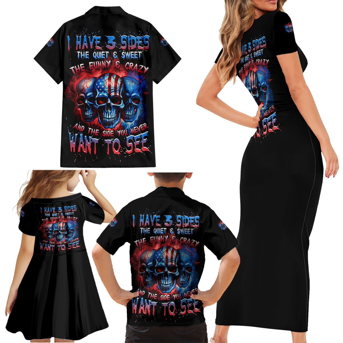 I Have 3 Sides 3 Skulls Family Matching Short Sleeve Bodycon Dress and Hawaiian Shirt - Wonder Print Shop