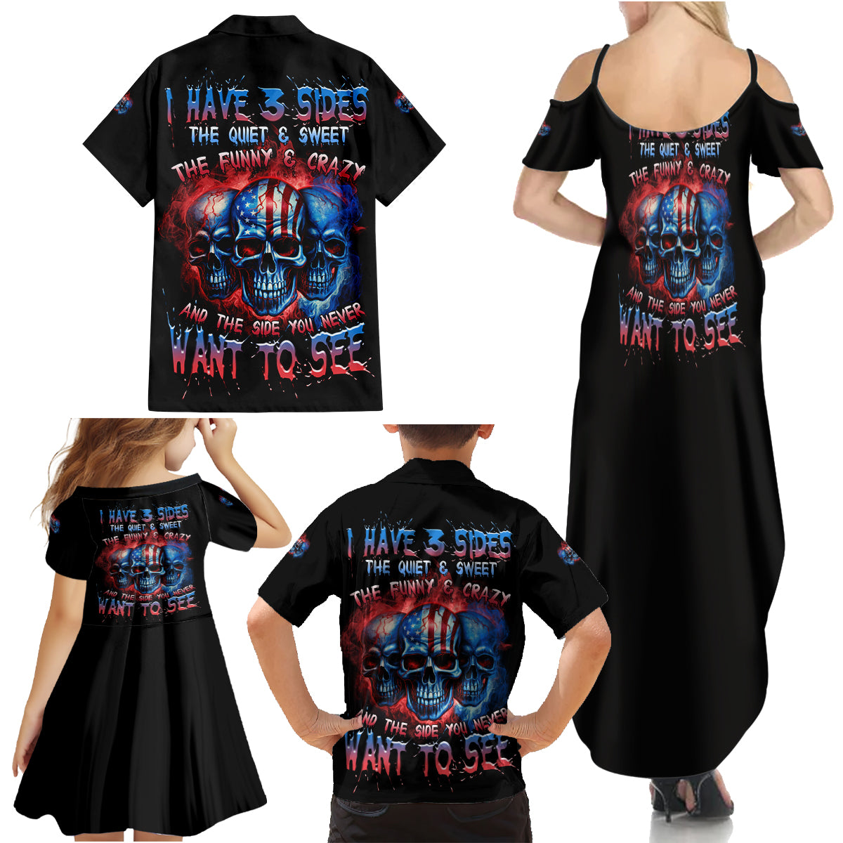 I Have 3 Sides 3 Skulls Family Matching Summer Maxi Dress and Hawaiian Shirt - Wonder Print Shop