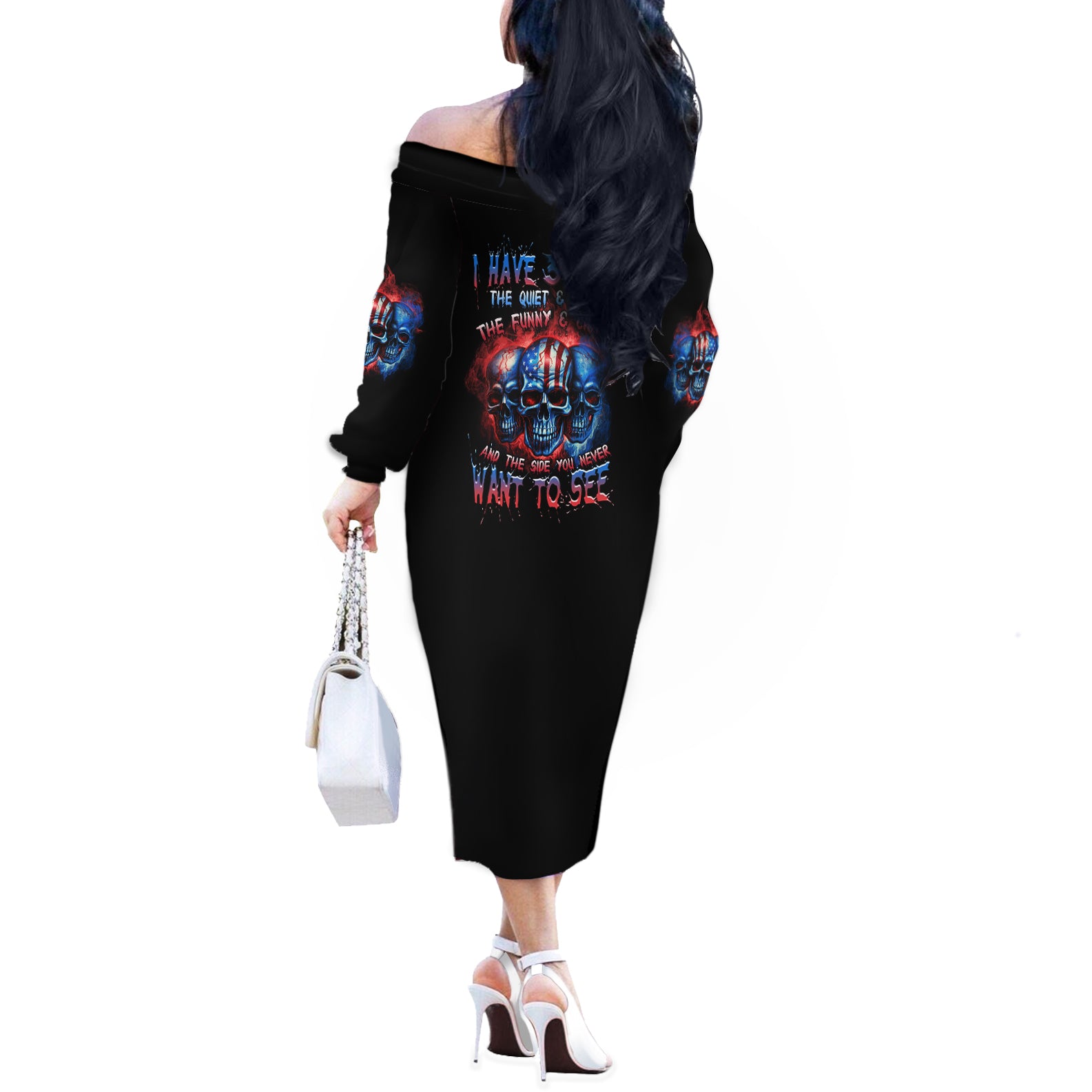 I Have 3 Sides 3 Skulls Off The Shoulder Long Sleeve Dress - Wonder Print Shop