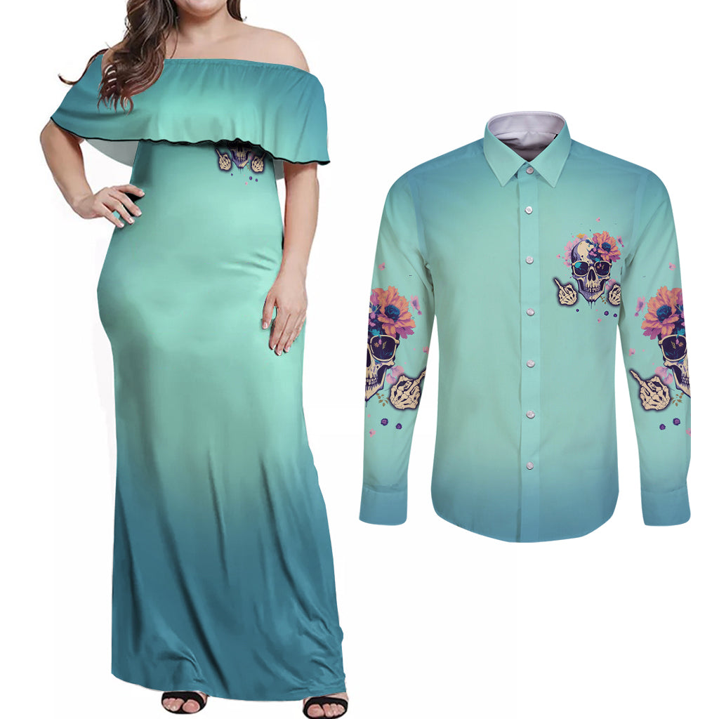 Judge Me When You're Perfect Couples Matching Off Shoulder Maxi Dress and Long Sleeve Button Shirt - Wonder Print Shop