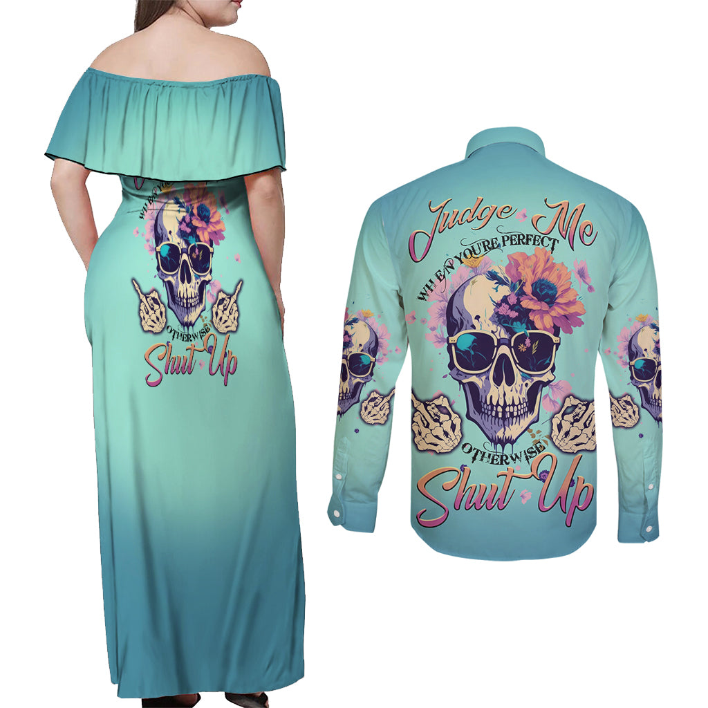 Judge Me When You're Perfect Couples Matching Off Shoulder Maxi Dress and Long Sleeve Button Shirt - Wonder Print Shop