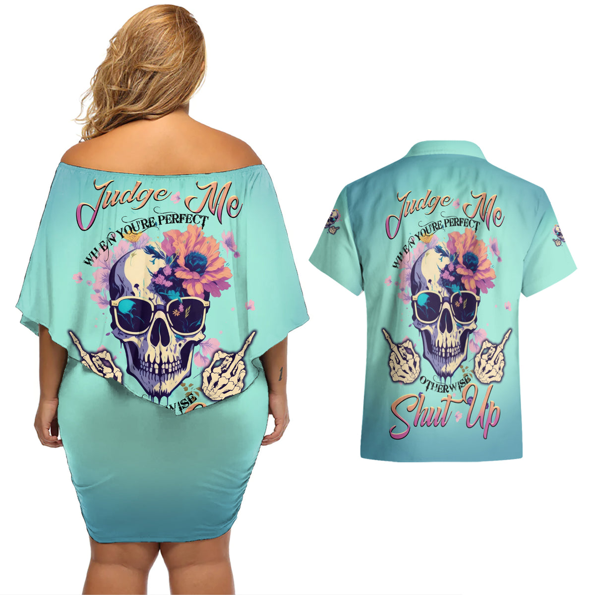 Judge Me When You're Perfect Couples Matching Off Shoulder Short Dress and Hawaiian Shirt - Wonder Print Shop