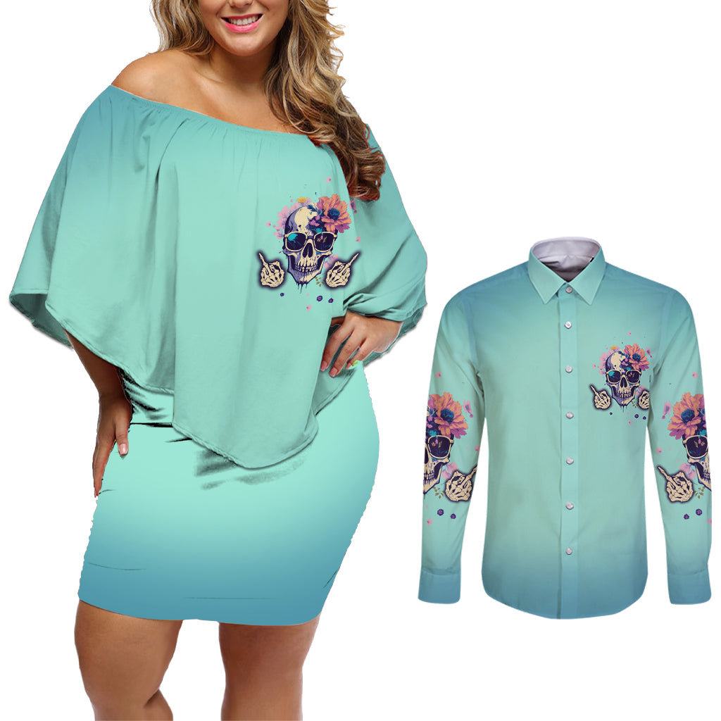 Judge Me When You're Perfect Couples Matching Off Shoulder Short Dress and Long Sleeve Button Shirt - Wonder Print Shop