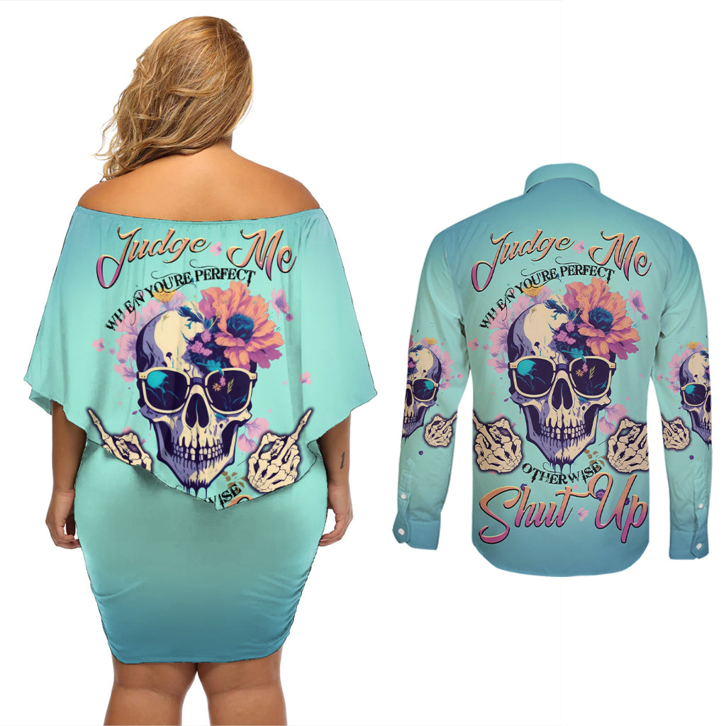 Judge Me When You're Perfect Couples Matching Off Shoulder Short Dress and Long Sleeve Button Shirt - Wonder Print Shop