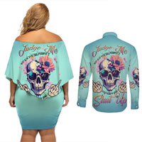 Judge Me When You're Perfect Couples Matching Off Shoulder Short Dress and Long Sleeve Button Shirt - Wonder Print Shop