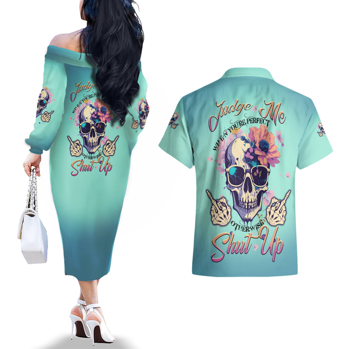 Judge Me When You're Perfect Couples Matching Off The Shoulder Long Sleeve Dress and Hawaiian Shirt - Wonder Print Shop