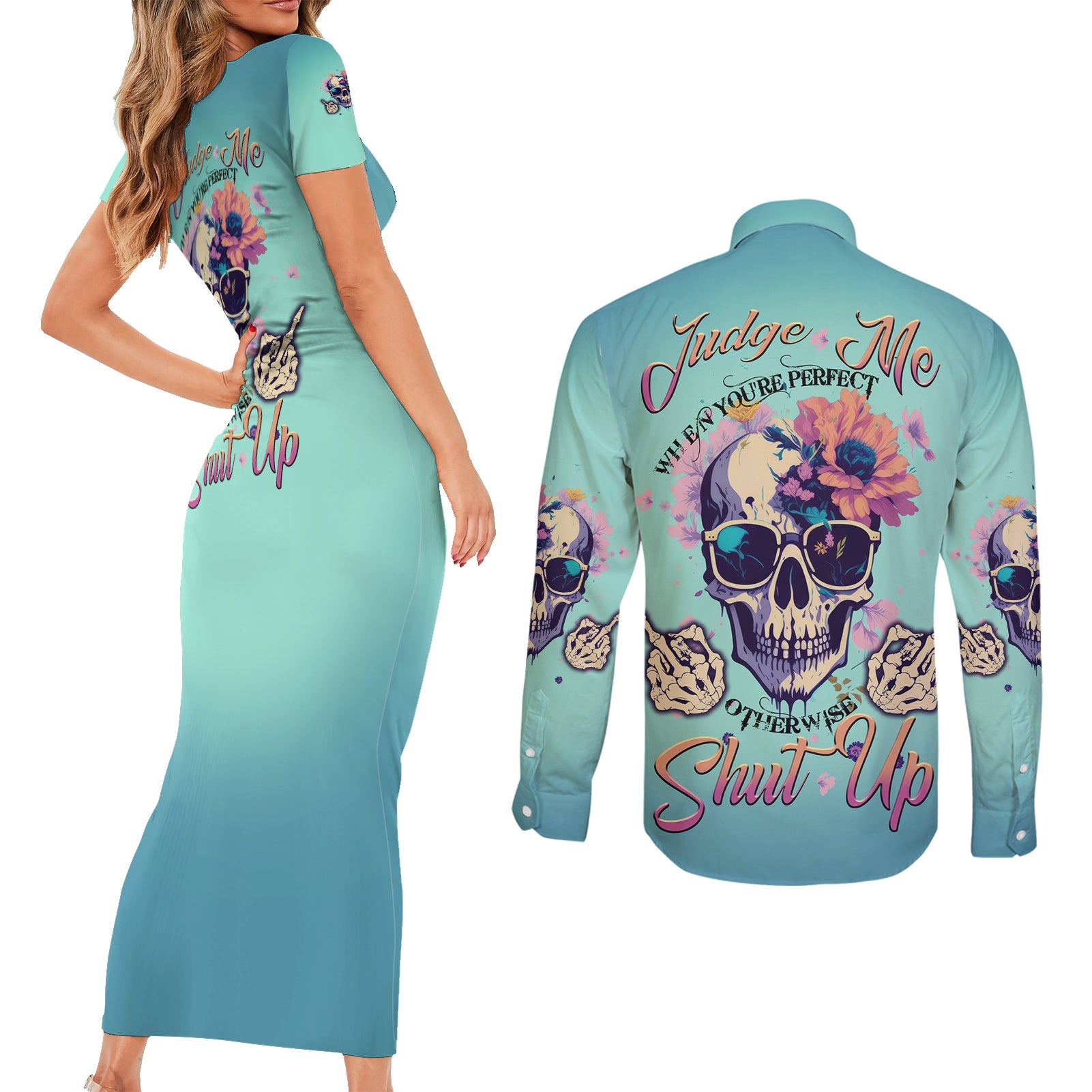Judge Me When You're Perfect Couples Matching Short Sleeve Bodycon Dress and Long Sleeve Button Shirt - Wonder Print Shop