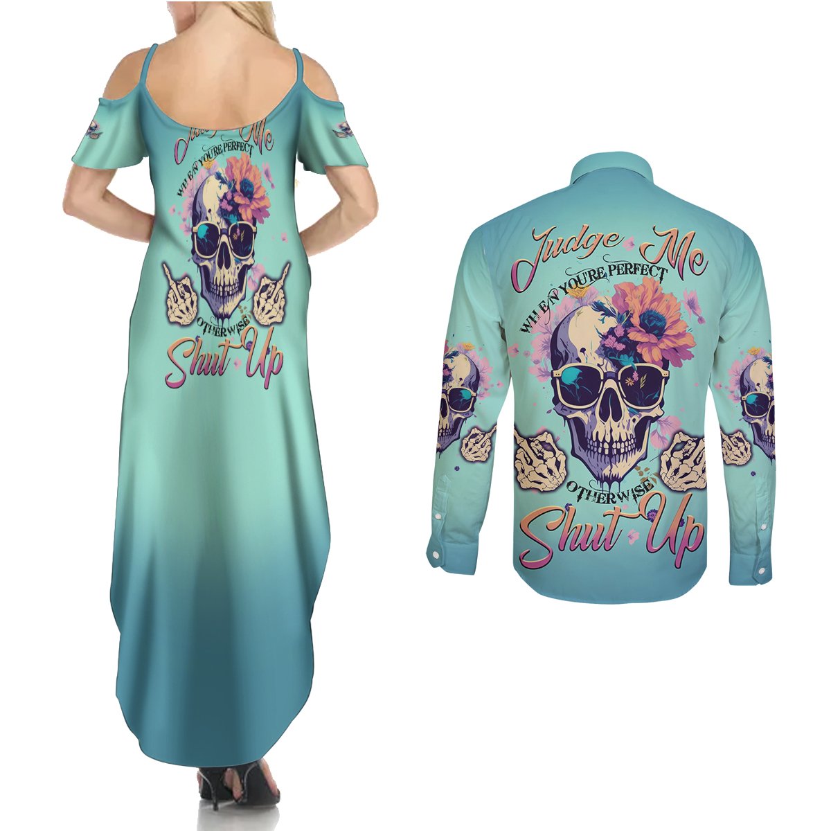 Judge Me When You're Perfect Couples Matching Summer Maxi Dress and Long Sleeve Button Shirt - Wonder Print Shop