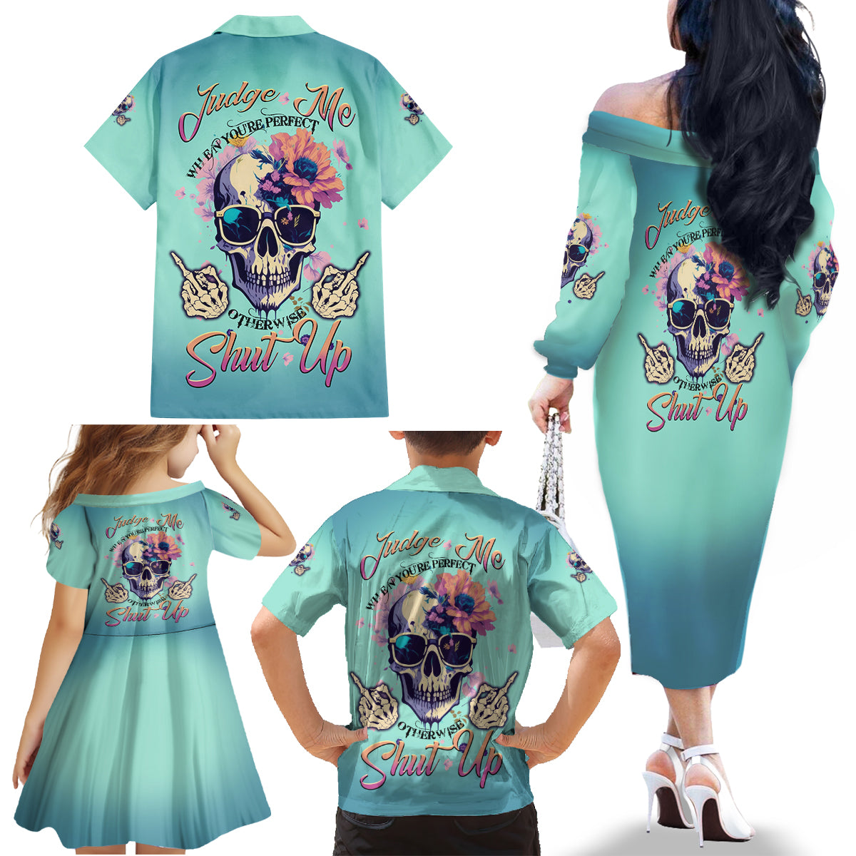 Judge Me When You're Perfect Family Matching Off Shoulder Long Sleeve Dress and Hawaiian Shirt - Wonder Print Shop