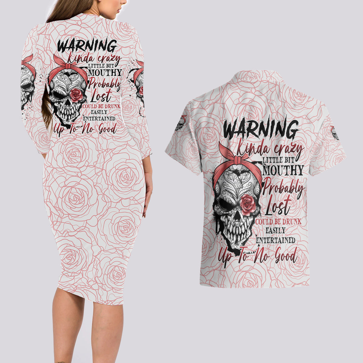 Warning Kinda Crazy Tattooed Girl Rose Couples Matching Long Sleeve Bodycon Dress and Hawaiian Shirt - Wonder Print Shop