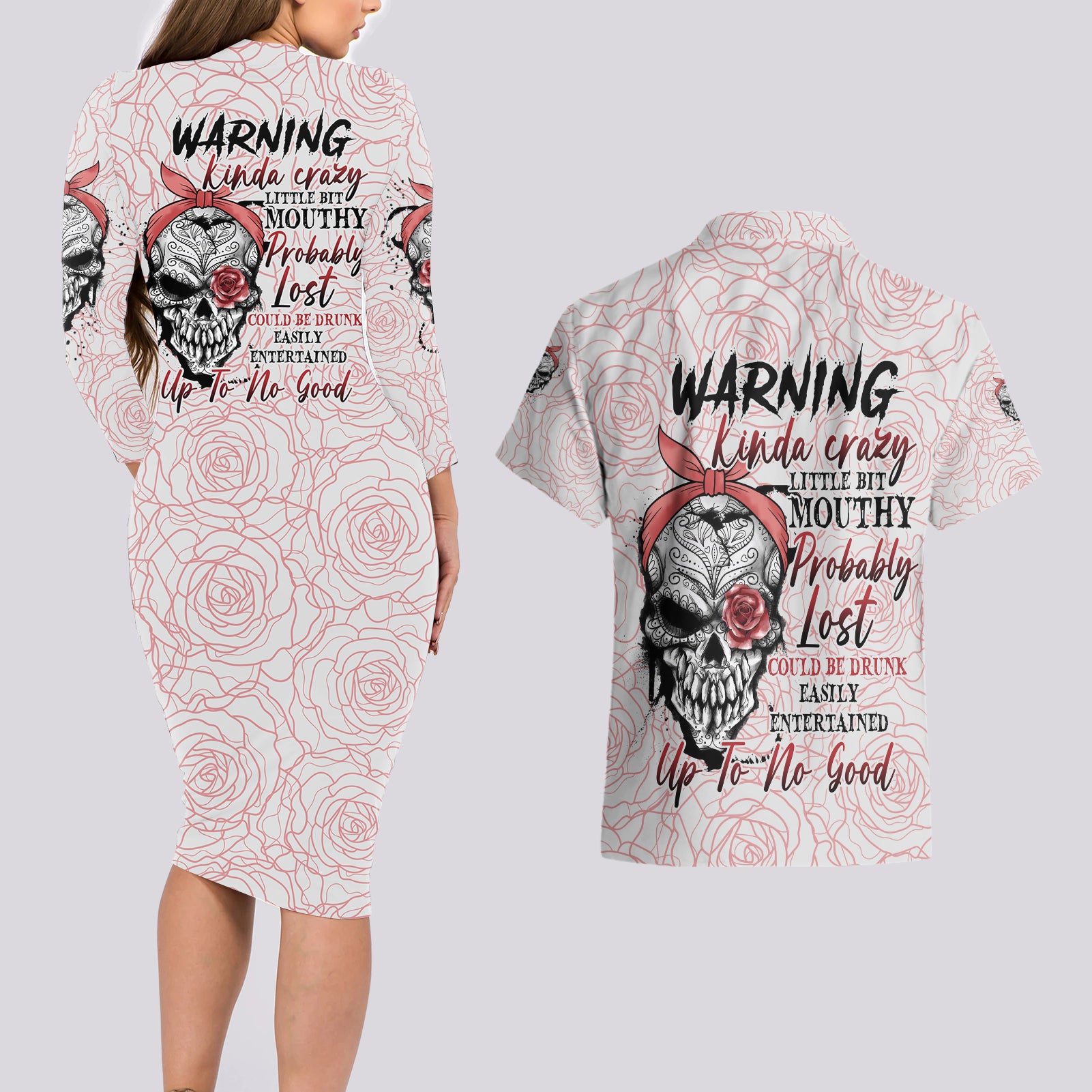 Warning Kinda Crazy Tattooed Girl Rose Couples Matching Long Sleeve Bodycon Dress and Hawaiian Shirt - Wonder Print Shop