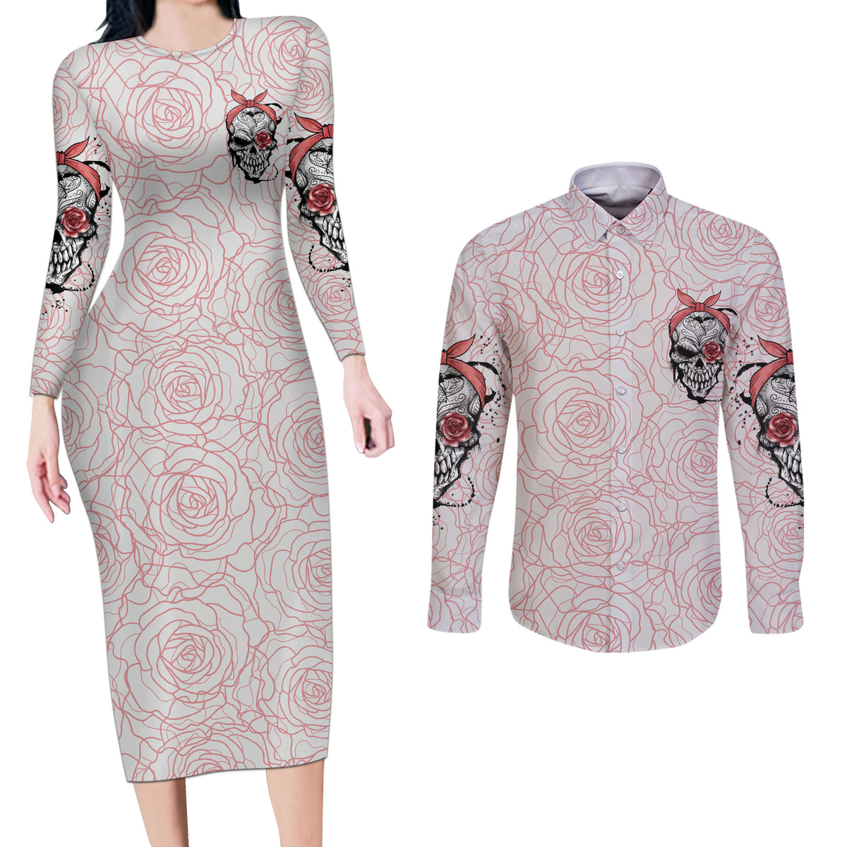 Warning Kinda Crazy Tattooed Girl Rose Couples Matching Long Sleeve Bodycon Dress and Long Sleeve Button Shirt - Wonder Print Shop