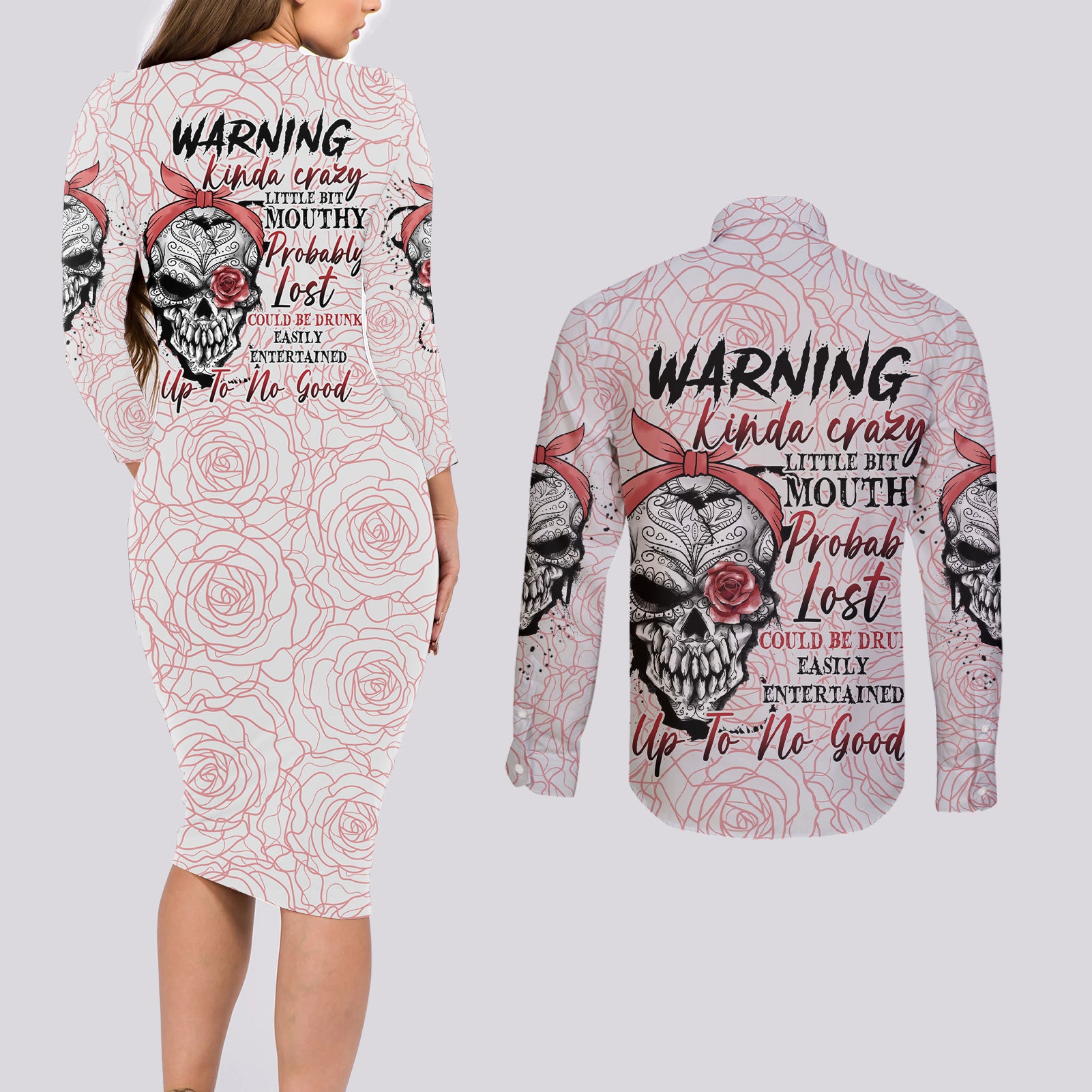 Warning Kinda Crazy Tattooed Girl Rose Couples Matching Long Sleeve Bodycon Dress and Long Sleeve Button Shirt - Wonder Print Shop