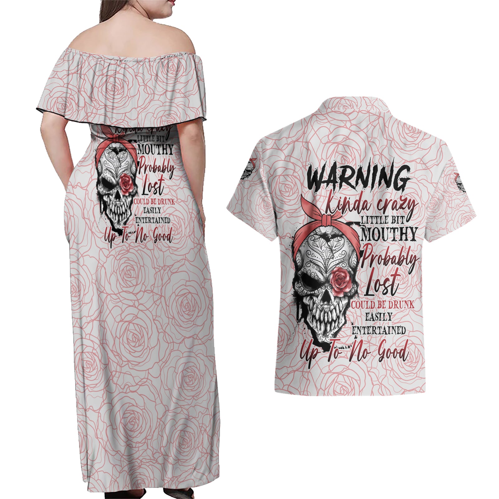 Warning Kinda Crazy Tattooed Girl Rose Couples Matching Off Shoulder Maxi Dress and Hawaiian Shirt - Wonder Print Shop