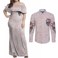 Warning Kinda Crazy Tattooed Girl Rose Couples Matching Off Shoulder Maxi Dress and Long Sleeve Button Shirt - Wonder Print Shop