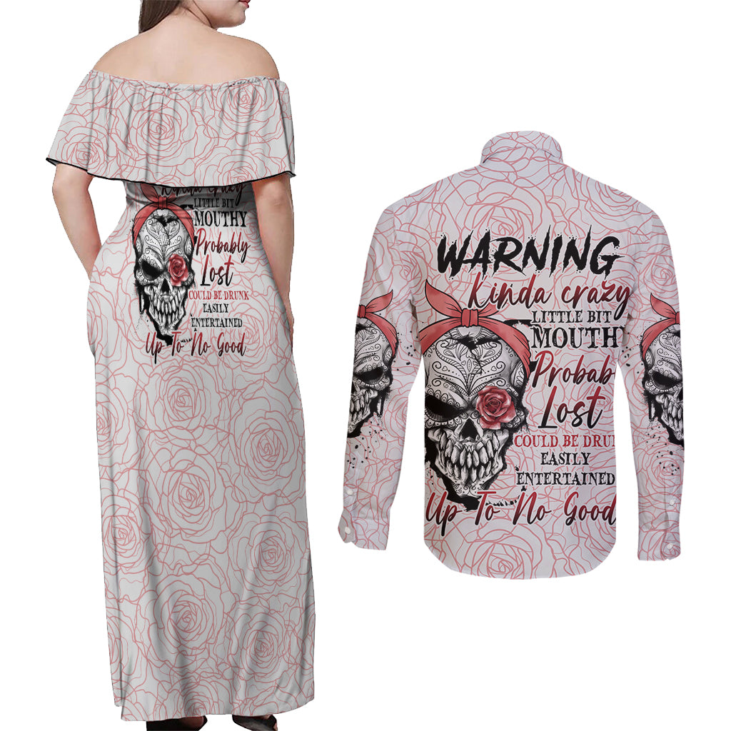 Warning Kinda Crazy Tattooed Girl Rose Couples Matching Off Shoulder Maxi Dress and Long Sleeve Button Shirt - Wonder Print Shop