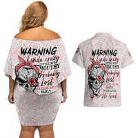 Warning Kinda Crazy Tattooed Girl Rose Couples Matching Off Shoulder Short Dress and Hawaiian Shirt - Wonder Print Shop