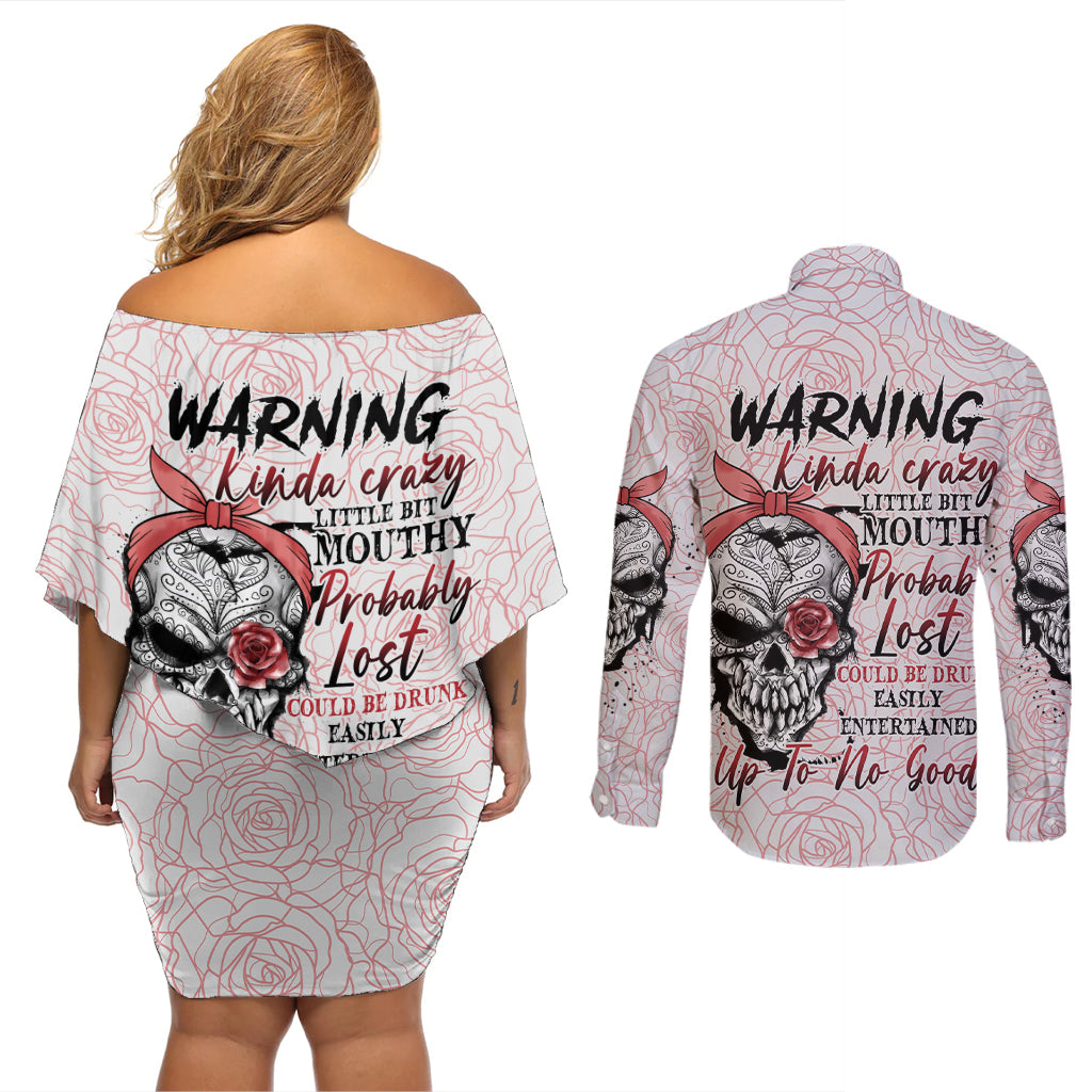 Warning Kinda Crazy Tattooed Girl Rose Couples Matching Off Shoulder Short Dress and Long Sleeve Button Shirt - Wonder Print Shop