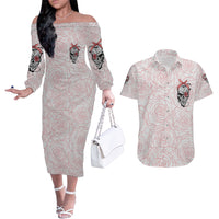 Warning Kinda Crazy Tattooed Girl Rose Couples Matching Off The Shoulder Long Sleeve Dress and Hawaiian Shirt - Wonder Print Shop