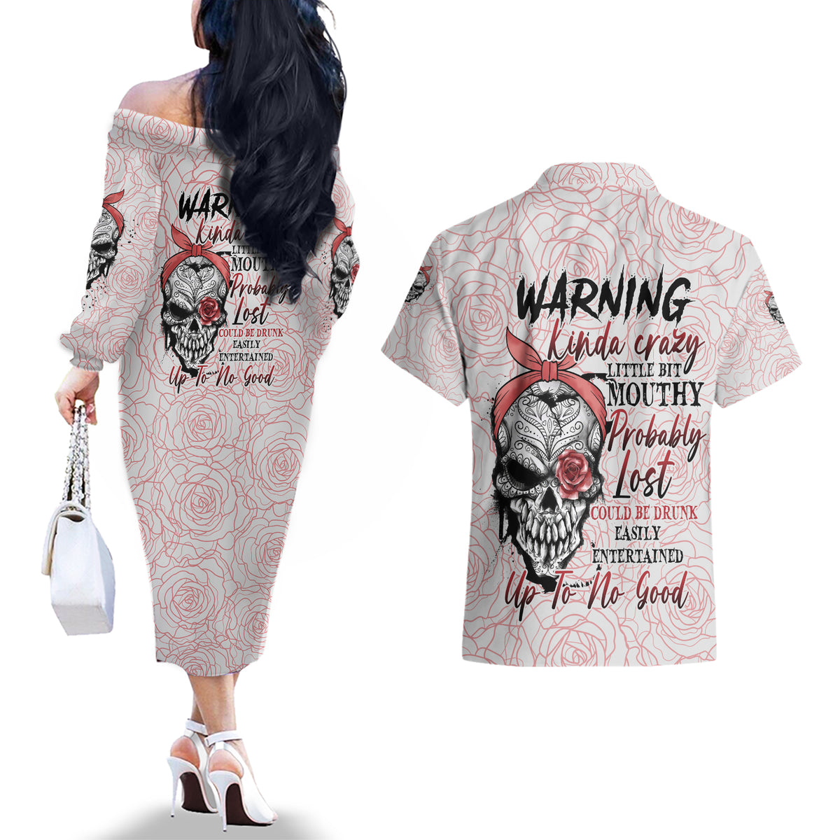 Warning Kinda Crazy Tattooed Girl Rose Couples Matching Off The Shoulder Long Sleeve Dress and Hawaiian Shirt - Wonder Print Shop