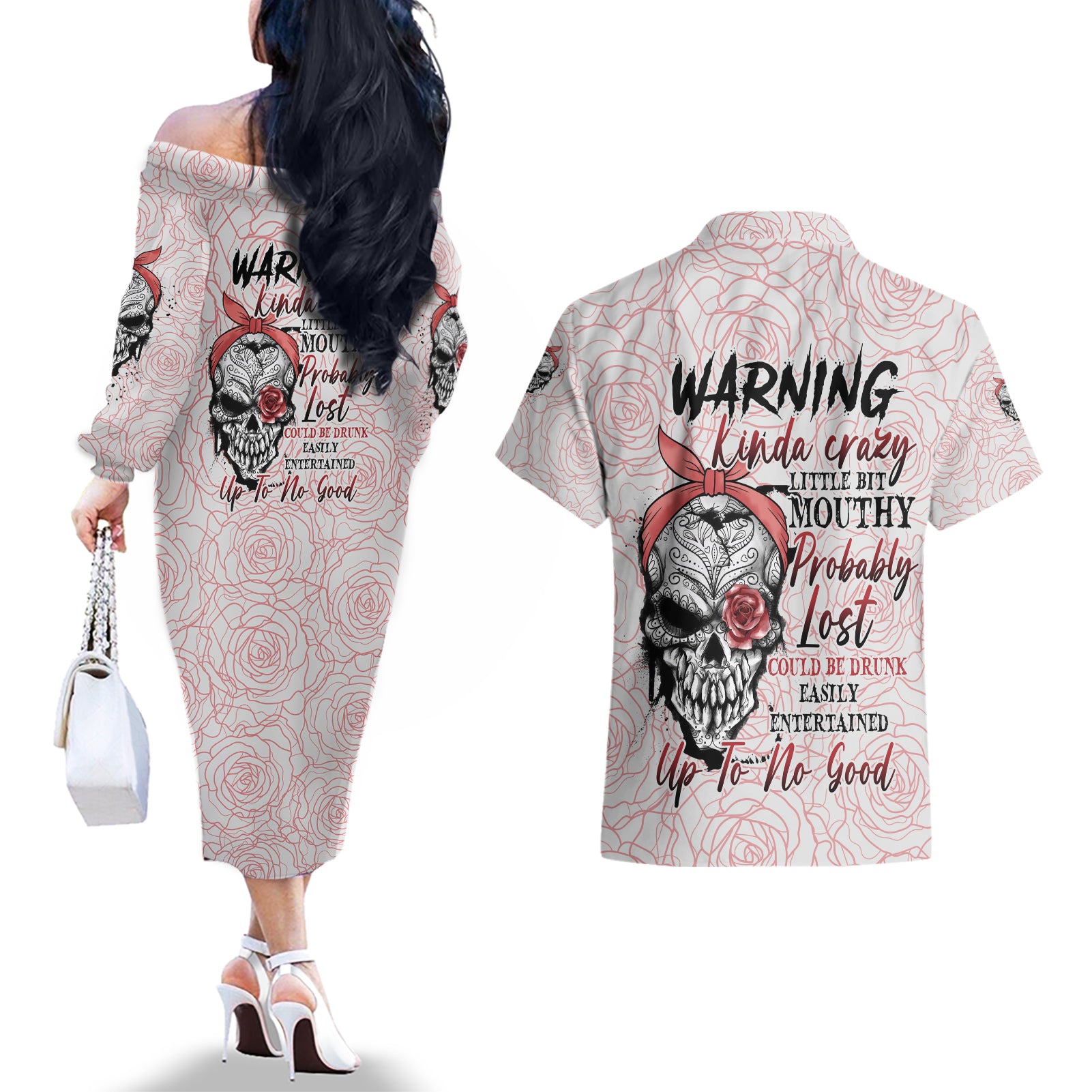 Warning Kinda Crazy Tattooed Girl Rose Couples Matching Off The Shoulder Long Sleeve Dress and Hawaiian Shirt - Wonder Print Shop