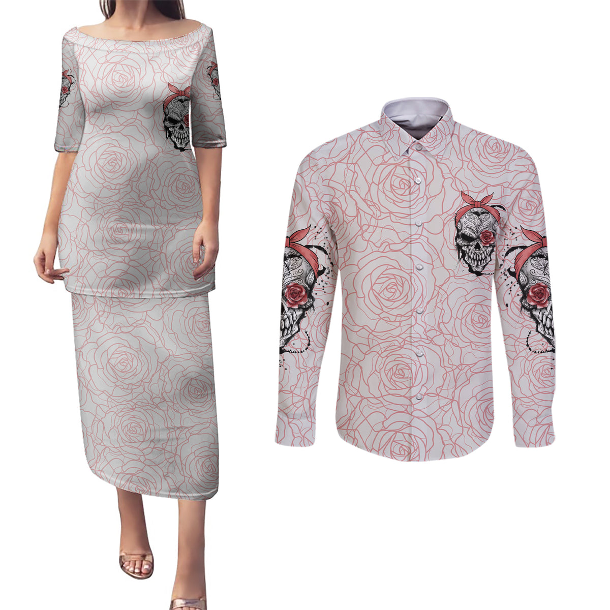 Warning Kinda Crazy Tattooed Girl Rose Couples Matching Puletasi Dress and Long Sleeve Button Shirt - Wonder Print Shop