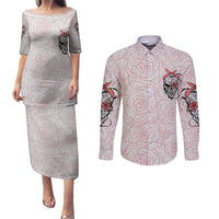 Warning Kinda Crazy Tattooed Girl Rose Couples Matching Puletasi Dress and Long Sleeve Button Shirt - Wonder Print Shop