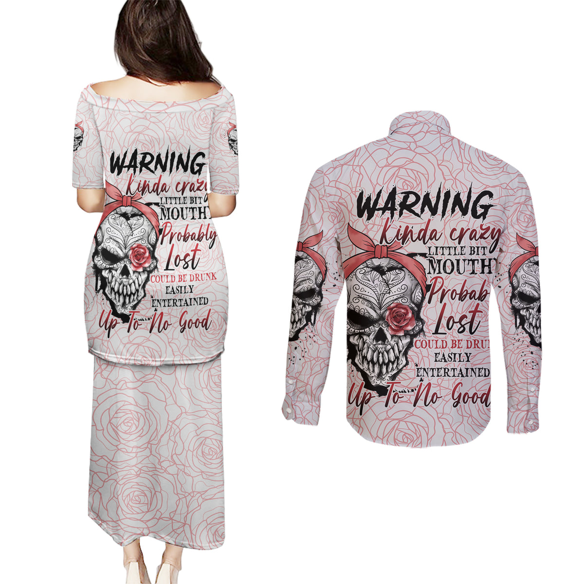 Warning Kinda Crazy Tattooed Girl Rose Couples Matching Puletasi Dress and Long Sleeve Button Shirt - Wonder Print Shop